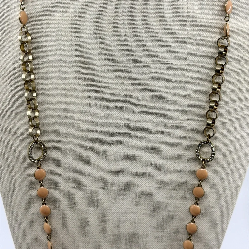 Antique Gold Tone Peach Enamel Rhinestone Long Chain Necklace Boho Statement